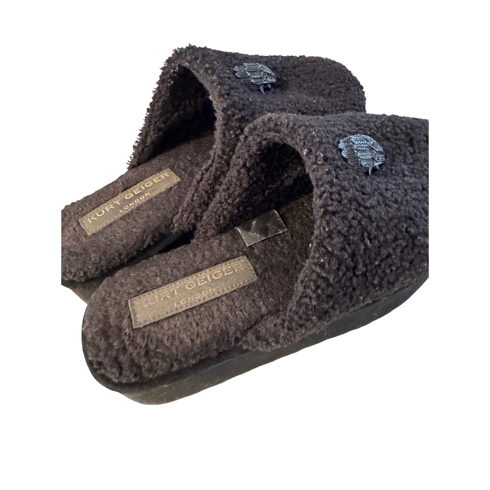 Kurt Geiger London Black Borg Teddy Fleece Platform Slippers Eagle Head Mules 41